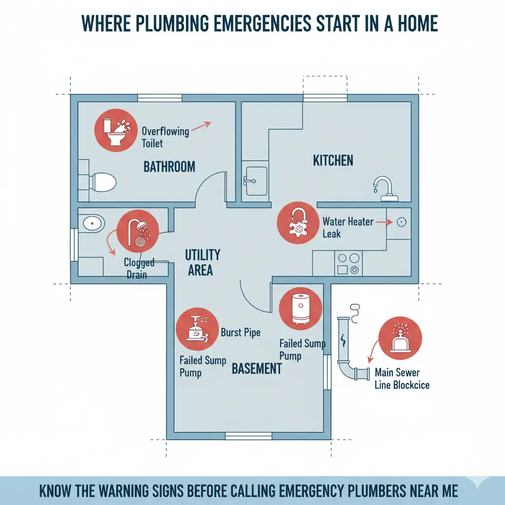 Diagram of a house showing where plumbing emergencies start, created for homeowners searching for Emergency Plumbers Near Me.