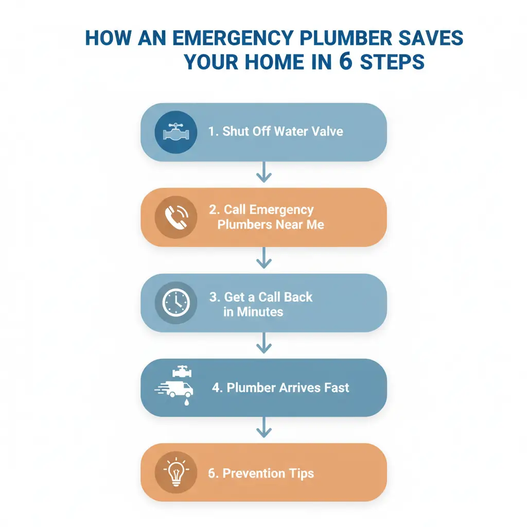Infographic showing the 6 steps homeowners take when calling Emergency Plumbers Near Me for burst pipes, leaks, clogged drains, and urgent plumbing help.