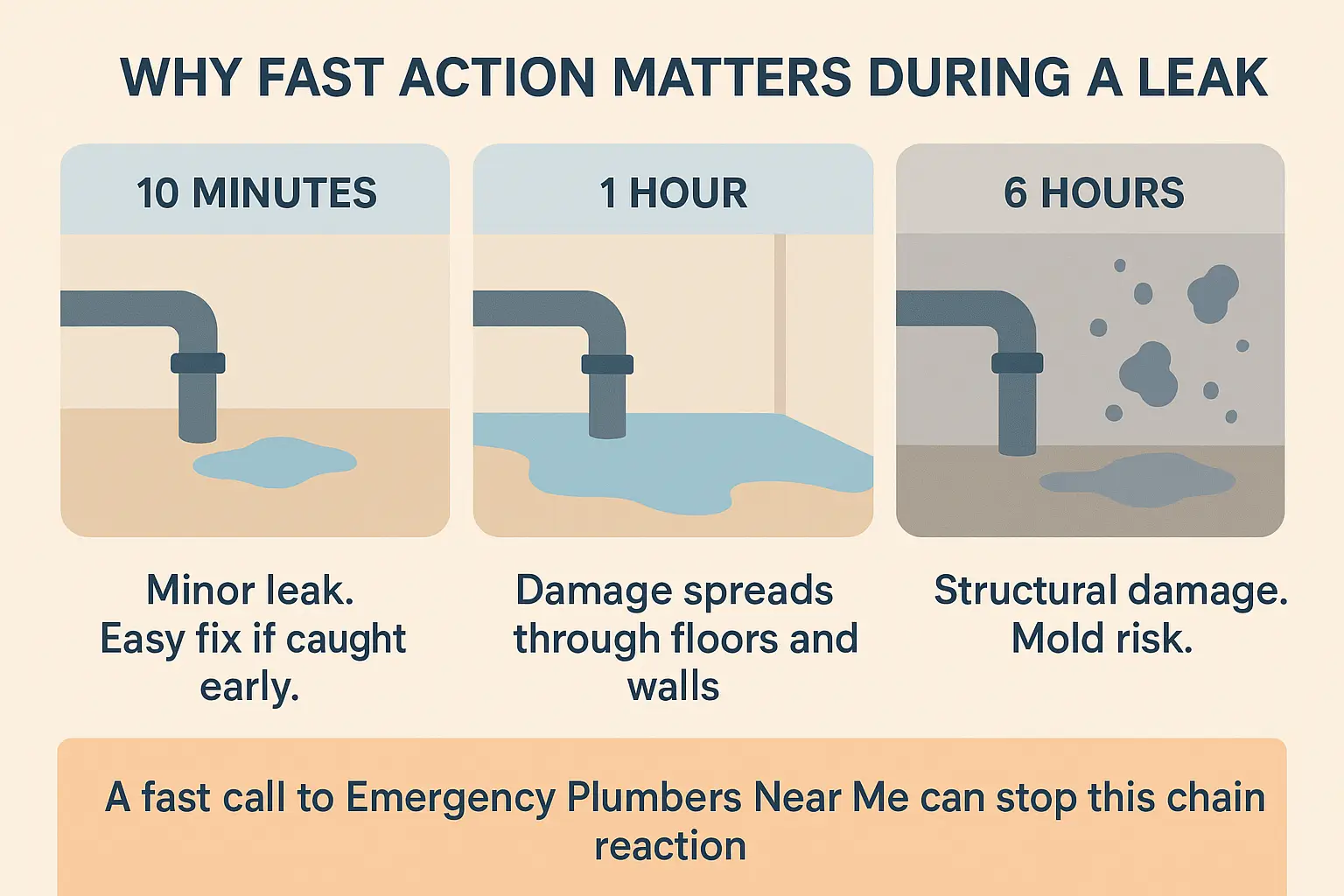 Three-panel graphic showing how water damage spreads over time, created for Emergency Plumbers Near Me to teach homeowners why quick plumbing help matters.